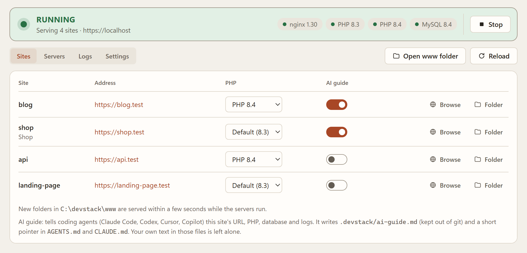The devstack dashboard: servers running, and four sites with their .test addresses, PHP versions and AI guide switches.